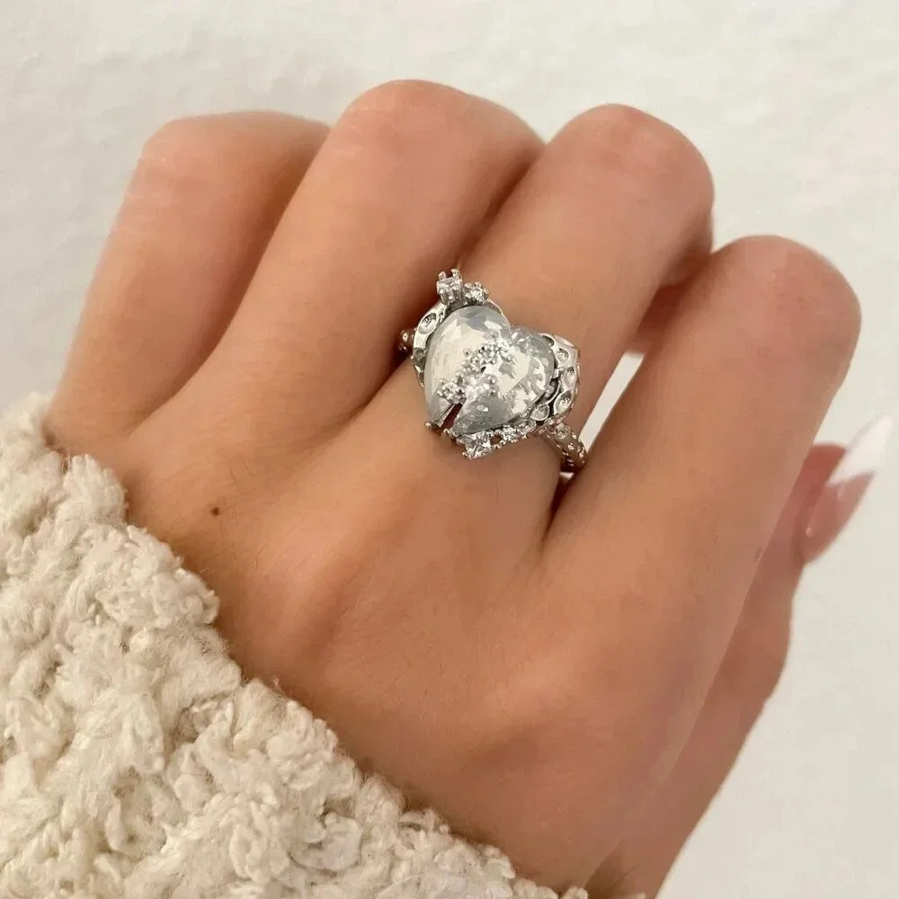 925 Sterling Silver Crystal Heart Ring Geometric Modern Heart Ring Adjustable
